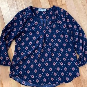 Pink Rose Navy Blue Long Sleeve Mandarin Collar Blouse